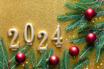 Sticker - Happy new year 2024 gold background with gold number. Christmas card banner with round red balls toys, Christmas tree branches and golden decorative candles, bokeh lights. Mockup.