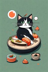 an illustrated t-shirt design featuring a cartoon cat and  sushi. A very cute style of drawing. 