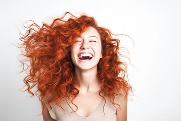  Beautiful  redhead woman with flying curly hair  laughing