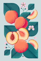 Wall Mural - Ripe peaches with leaves and flowers. Illustration with grain and noise texture. 