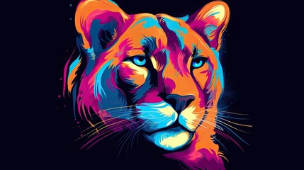 Sticker - Colorful abstract Cyberpop animal cougar painting geometric style. Isolated black background Generative AI