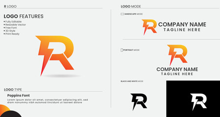 flash r logo design. energy r letter. business. electricity power. lettering design. premium templat
