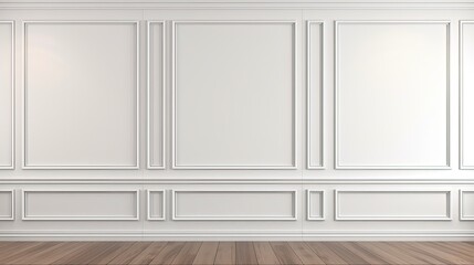 Wall Mural - Three-Dimensional Wall Panels for Classic Modern Interior Architecture: Blank White Background with Molding and Wooden Floors. Business Mockup Render: Generative AI