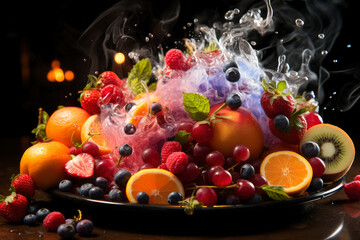 Wall Mural - Fresh fruits with drops of juice and pulp exploding on black background, healthy eating concept