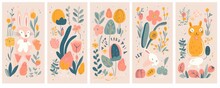 Baby Posters And Cards With Animals And Flowers Pattern.  Illustrations With Cute Animals. Nursery Baby Illustrations, Generative AI