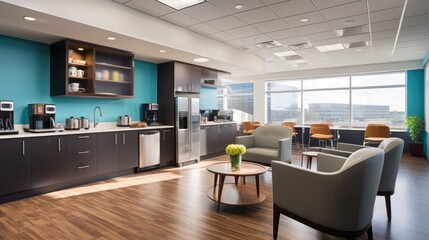 A bright, spacious break room in an office building with contemporary kitchen appliances and comfortable seating. Generative AI