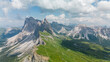 Panorama from the drone at Seceda, mountain peaks and a fabulous valley