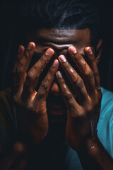 a black man crying is in a dark room with his hands over his eyes