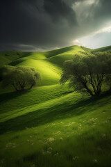 Wall Mural - Green hills with overcast sky generative AI