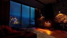 Cosy, Warm Living Room With A Burning Fireplace With Rain Outside The Window And A Beautiful View Of The Evening Bay With A Villa. The Concept Of Rest And Relaxation.