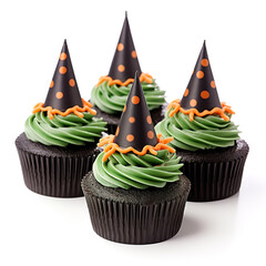 Wall Mural - Witch's hat  halloween chocolate cupcake isolated on white background, Generative AI