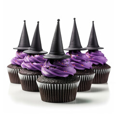 Wall Mural - Witch's hat  halloween chocolate cupcake isolated on white background, Generative AI