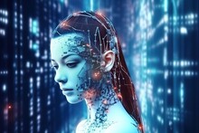 Portrait Of Beautiful Woman Robot, With Integrated Hologram And Technology Elements Over Her Face On Futuristic Background.