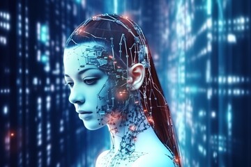 Portrait of beautiful woman robot, with integrated hologram and technology elements over her face on futuristic background.