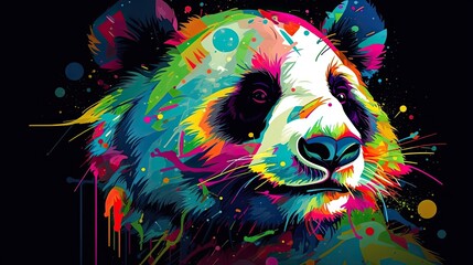 Canvas Print -  Colorful abstract Cyberpop animal  panda painting geometric style. Isolated black background Generative AI