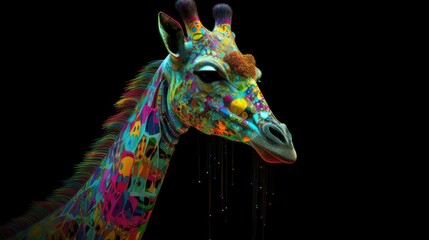 Wall Mural -  Colorful abstract Cyberpop animal giraffe  painting geometric style. Isolated black background Generative AI