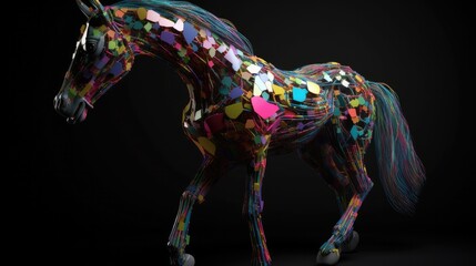  Colorful abstract Cyberpop animal horse  painting geometric style. Isolated black background Generative AI