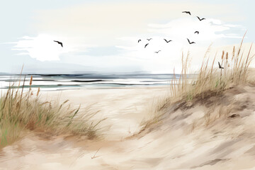 Watercolor drawing of a seagull flying over the beach.