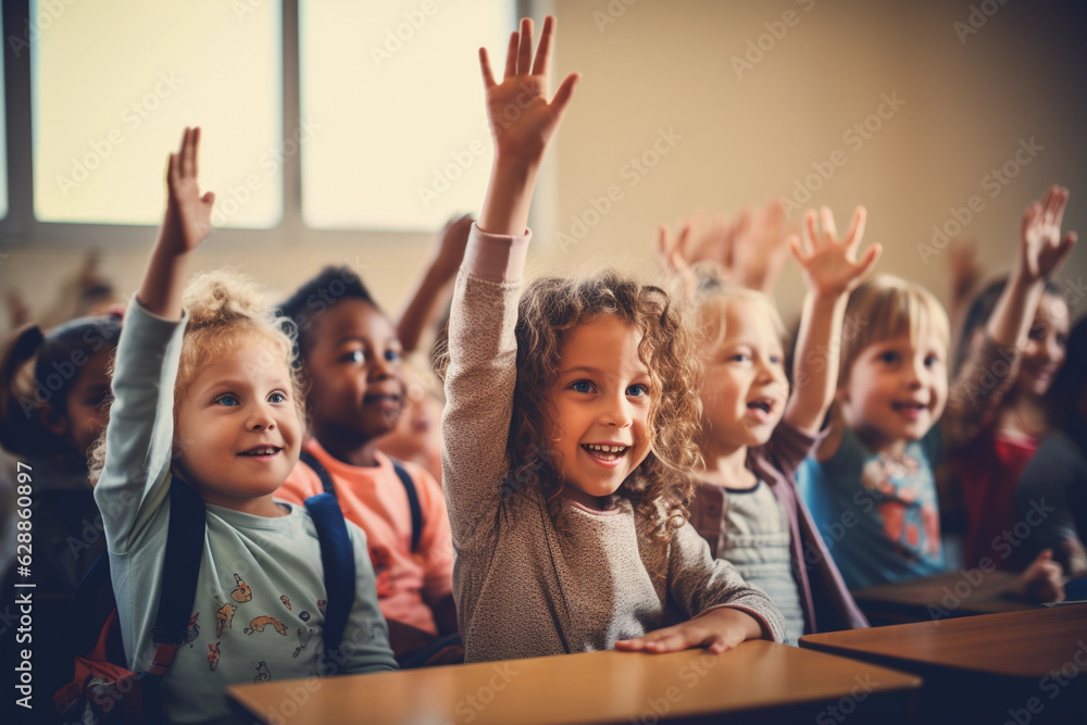 Students raising their hands in class at the elementary school Stock ...
