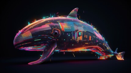 Wall Mural - Colorful abstract Cyberpop animal dolphin  painting geometric style. Isolated black background Generative AI painted