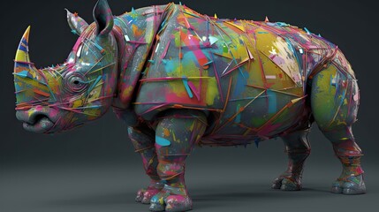 Wall Mural - Colorful abstract Cyberpop animal rhino  painting geometric style. Isolated black background Generative AI painted