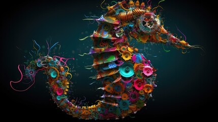 Wall Mural - Colorful abstract Cyberpop animal seahorse  painting geometric style. Isolated black background Generative AI painted