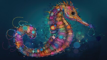 Sticker - Colorful abstract Cyberpop animal seahorse  painting geometric style. Isolated black background Generative AI painted