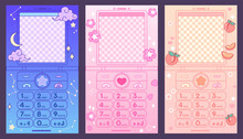 Cute Old Flip Phone Backgrounds Set. Kawaii Stories Templates. Social Media Frames Set. 2000s Aesthetic, Nostalgia Vector Design, Y2K Girly Style. Night Sky, Cherry Blossom, Peach Art.