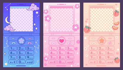 Cute old flip phone backgrounds set. Kawaii stories templates. Social media frames set. 2000s aesthetic, nostalgia vector design, Y2K girly style. Night sky, Cherry blossom, Peach art.