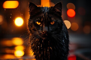 Wall Mural - Black cat in evening or night light. The concept of superstition. AI generated, human enhanced