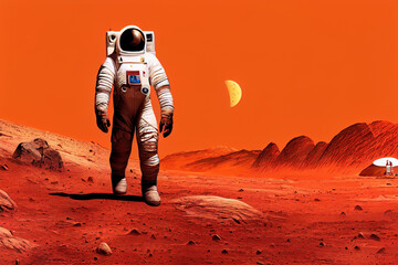 Wall Mural - Ravishing digital illustration of Mars landscape feature with red surface and mountain with astronaut. Space exploration and martian on red planet concept by generative AI.