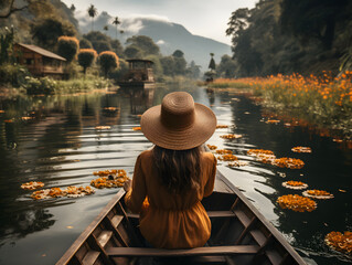 Woman on vacation riding a wooden boat on a lake, shot from behind