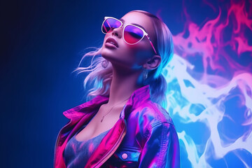 portrait of a stylish young girl model with blond hair in glasses in smoke in neon lighting