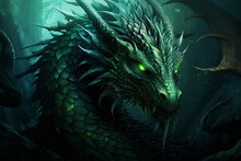 Illustration Of A Fantasy Background With A Beautiful Green Dragon With Glowing Green Eyes, A Symbol Of The New Year 2024, Close-up