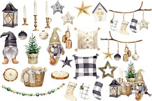 Watercolor Scandinavian Christmas Ornament. Winter Farmhouse Decor Illustration. Christmas Tree, Gnome, Garland, Firewood Basket, Vintage Lantern, Socks, Bubbles, Candle. Beige, Black And White 