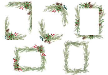 christmas fir branches frame set. xmas border for holiday greeting card and invitation. watercolour 
