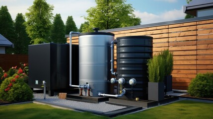 A rainwater harvesting system with a water tank and filtration unit. Generative AI