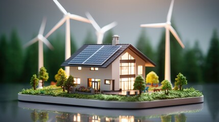 a green energy concept with wind turbines, solar panels, and an energy-efficient house. generative a