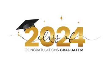 Wall Mural - Vector illustration of gold design for graduation ceremony. Class of 2024. Congratulations graduates typography design template for shirt, stamp, logo, card, invitation etc.