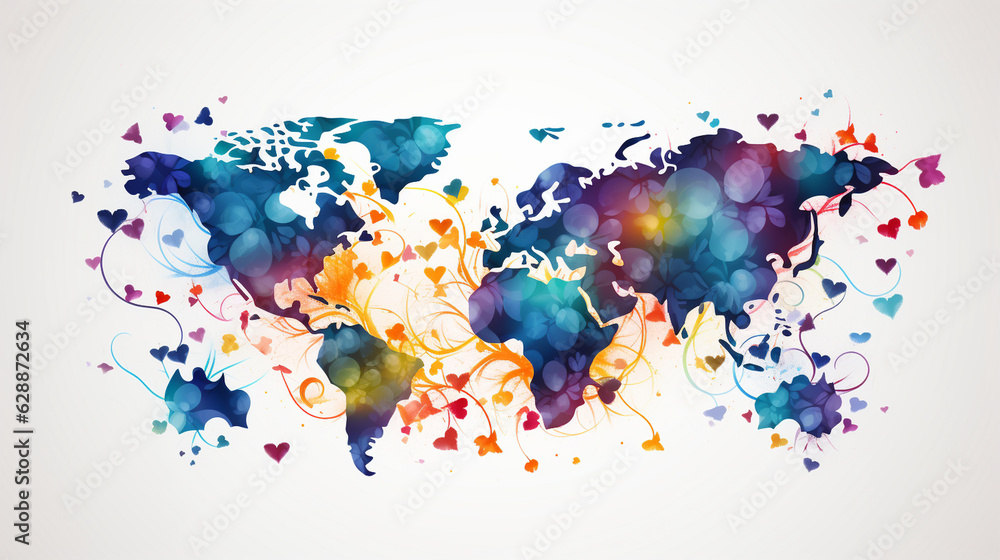 A world map with intertwining hearts and peace symbols, symbolizing ...
