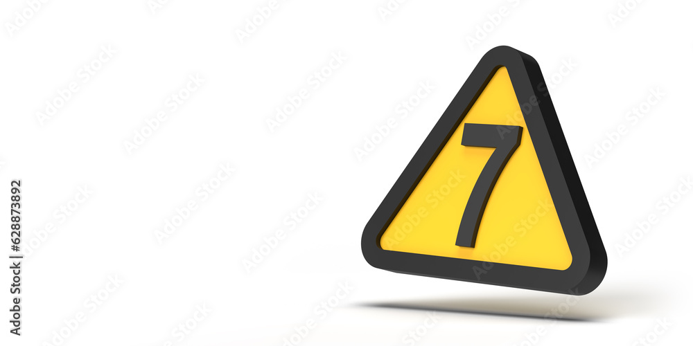 Caution concept: Warning triangle sign with Number 7 symbol on framed yellow geometric icon on white empty background. 3D render design copy space template. Set of 14 images. Clipping path incl.