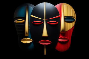 Wall Mural - Three abstract geometric faces isolated on a black background. Bold, vivid constructs. Emotion