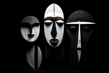 Wall Mural - Three abstract geometric faces isolated on a black background. Bold, vivid constructs. Emotion