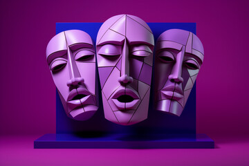 Wall Mural - Three abstract geometric faces isolated on a black background. Bold, vivid constructs. Emotion