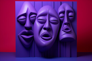 Wall Mural - Three abstract geometric faces isolated on a black background. Bold, vivid constructs. Emotion