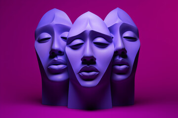 Wall Mural - Three abstract geometric faces isolated on a black background. Bold, vivid constructs. Emotion