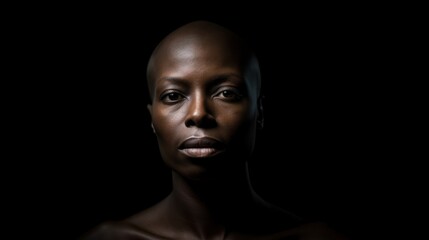 Emotional portrait of a bald African woman on black background