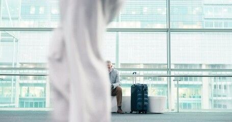 Poster - Business people, luggage and airport lobby with walking, smartphone communication and international travel. Men, women and busy foyer for plane, global flight schedule and immigration in Cape Town