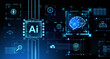 AI brain hologram, futuristic technologies icons and digital connection