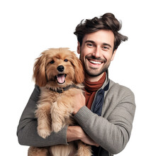 Happy Dog Owner Smiling Holding His Dog In Arm